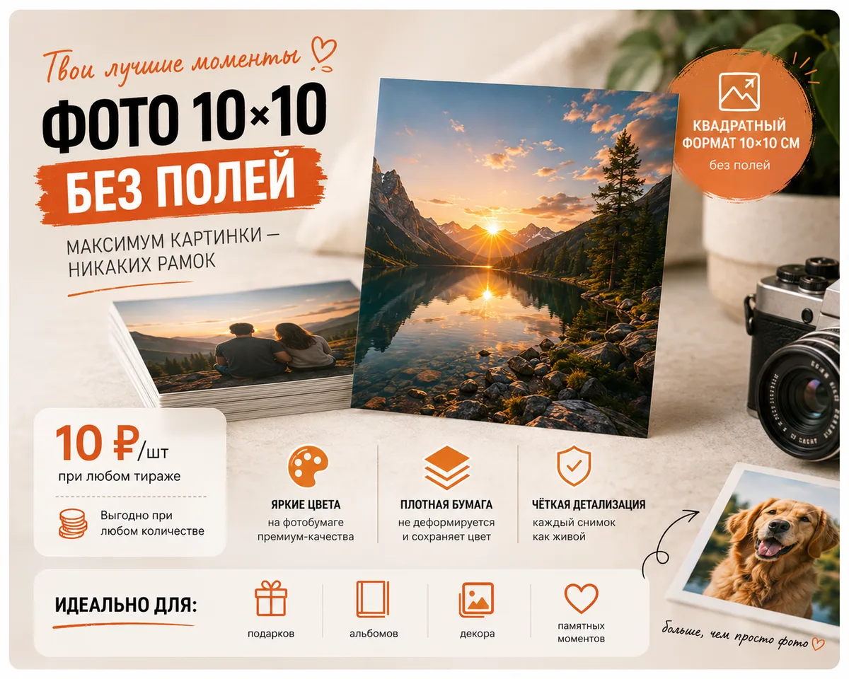 Печать квадратных фото 10×10 без полей: изображение в край листа под кадры из Instagram — 10 ₽ за штуку при любом тираже