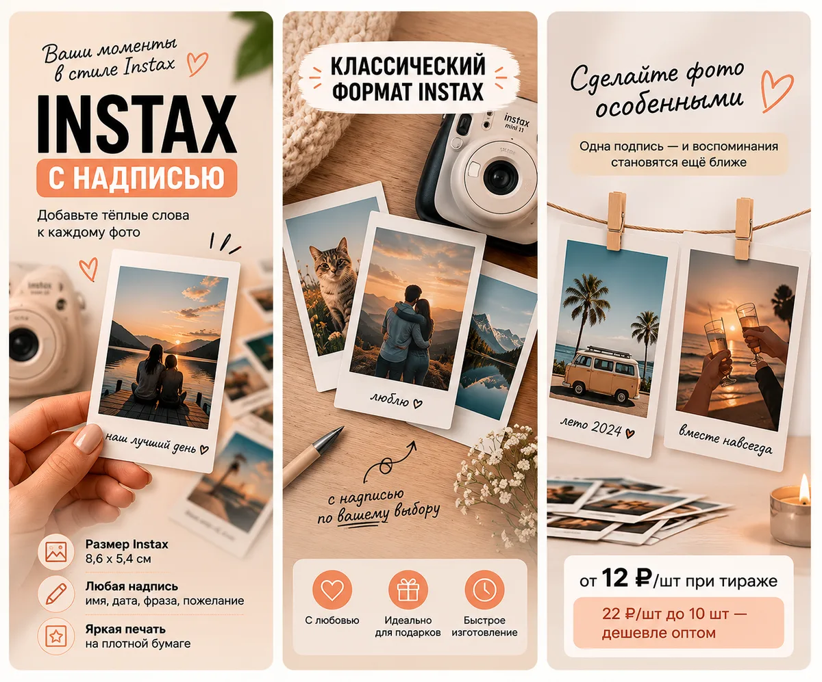 Instax с надписью: мини-карточки с подписью — имя, дата или фраза на каждом снимке, от 12 ₽ за штуку