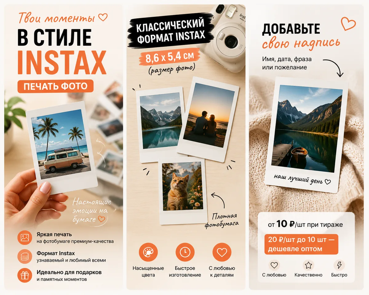 Печать фото в стиле Instax: компактные карточки с белой рамкой, формат 8,6×5,4 см — от 10 ₽ за штуку при тираже